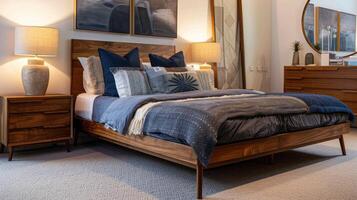 A bedroom with a bed, nightstands and a painting photo