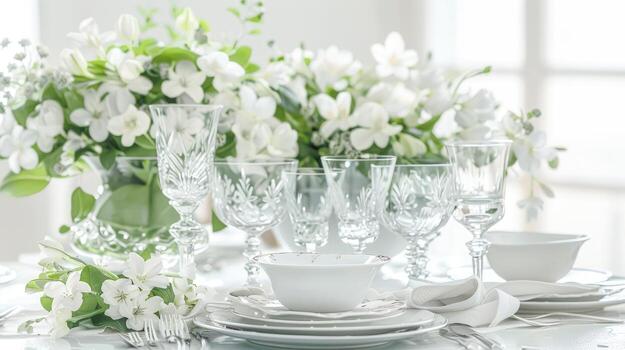 A table setting with white flowers and glasses photo