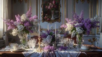 A table set for a dinner with purple flowers photo
