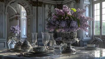 A table with a vase of flowers and a plate of food photo