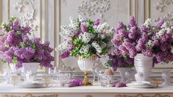 A table with white and purple flowers in vases photo