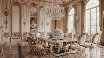 A fancy dining room with gold furniture and chandelier photo