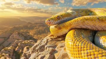 A yellow snake is sitting on top of a rock photo