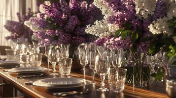 A table set with purple flowers and glasses photo