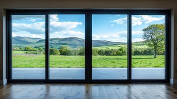 A large sliding glass door opens to a view of a green field photo
