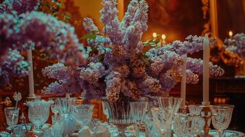 A table setting with purple flowers and candles photo