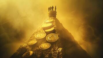 A pyramid of coins with people standing on top photo