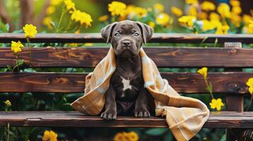 A dog sitting on a bench covered in a blanket photo