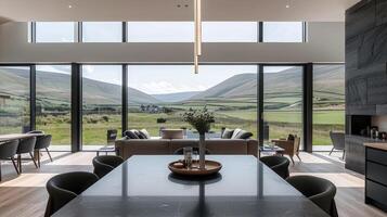 A modern living room with a view of the mountains photo