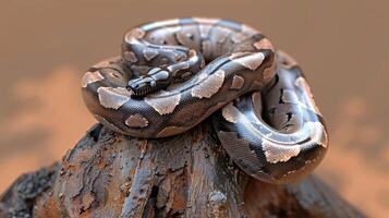 A snake is sitting on top of a log photo