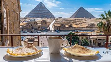 A view of the pyramids of giza from a cafe photo
