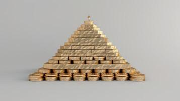 A pyramid of gold coins on a white background photo