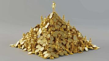 A pyramid of gold coins is shown on a gray background photo