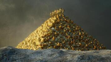 A pyramid of gold coins is sitting on top of a mountain photo