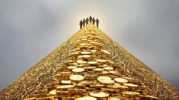 Golden pyramid with people standing on top of it photo