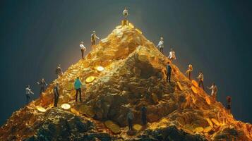 Business people standing on top of a mountain of gold coins photo