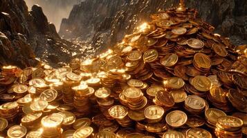 A pile of gold coins in front of a mountain photo