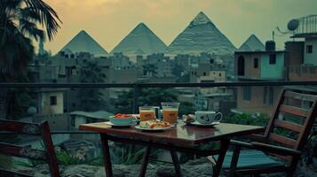 A table with a glass of juice and a plate of food photo