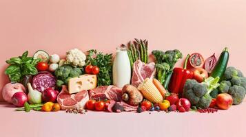 A large group of fresh vegetables and fruits on a pink background photo
