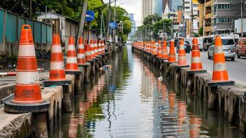 A long row of orange and white traffic cones photo