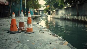 A couple of orange and white traffic cones sitting on the side of a road photo