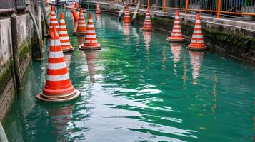 A canal with orange and white traffic cones in it photo