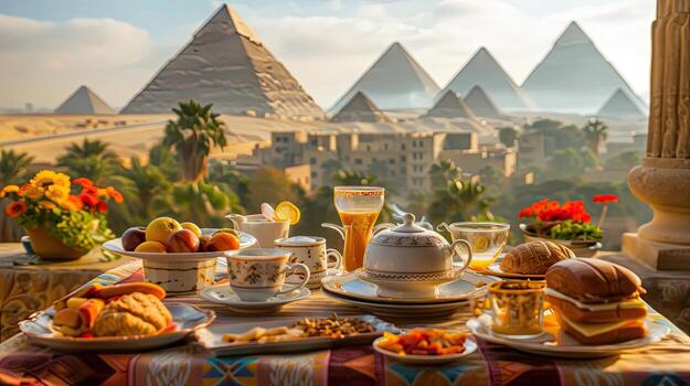 A table with food and drinks on it in front of the pyramids photo