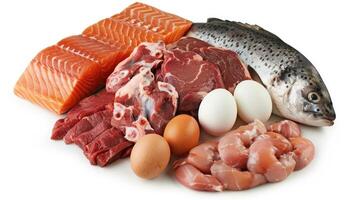 Fish, eggs, meat and other food items photo