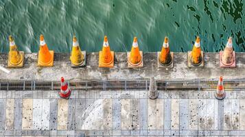 A row of orange traffic cones lined up on a concrete wall photo