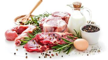 Meat, eggs, milk and spices on a white background photo