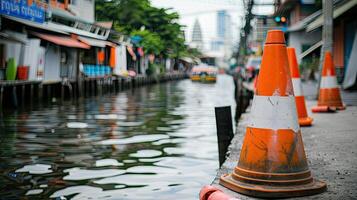 A row of orange and white cones on a dock photo