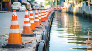 A row of orange and white traffic cones photo