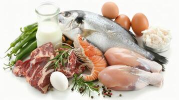 Protein rich foods on white background photo