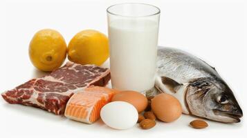 Fish, eggs, milk, and other foods photo