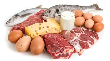 A variety of meat, eggs, fish, cheese and milk photo
