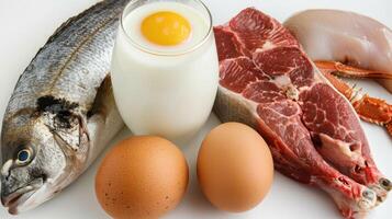 Fish, eggs, meat and milk on a white background photo