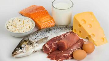 Fish, eggs, cheese, milk and meat photo