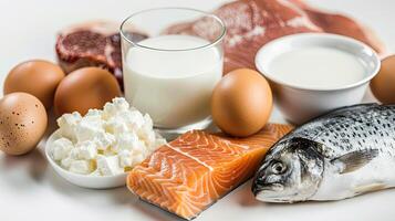Fish, eggs, milk, and other foods photo