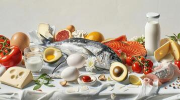 A painting of food with fish, eggs, cheese, tomatoes, and other ingredients photo