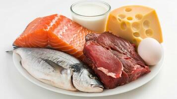 Fish, eggs, cheese, milk and meat on a plate photo