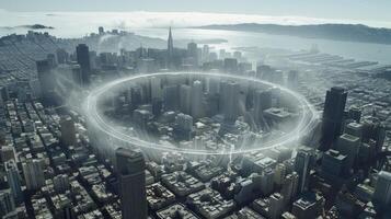A city with a circular structure in the middle of it photo