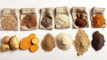Various types of spices and grains in bags photo