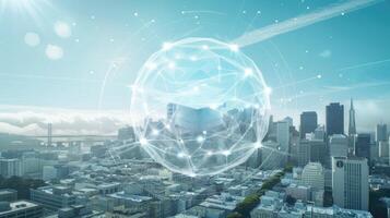 A futuristic city with a networked sphere in the middle photo