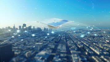 Solar powered drone flying over city skyline photo