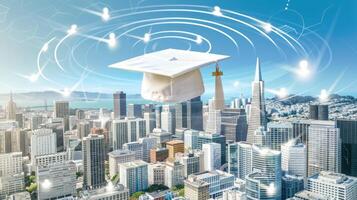 The city of san francisco with a graduation cap flying over it photo