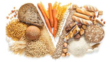 Various grains, bread, and vegetables are arranged in a circle photo