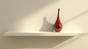 A red vase sitting on a shelf in a room photo