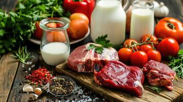 Raw meat, vegetables and milk on a wooden table photo