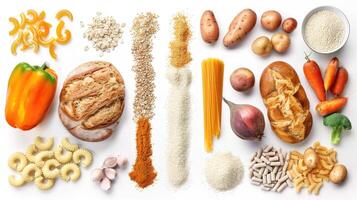 Various types of grains, vegetables and other foods photo