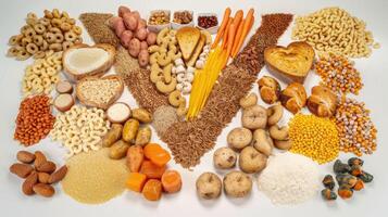 Various types of grains, nuts, and vegetables arranged in a heart shape photo